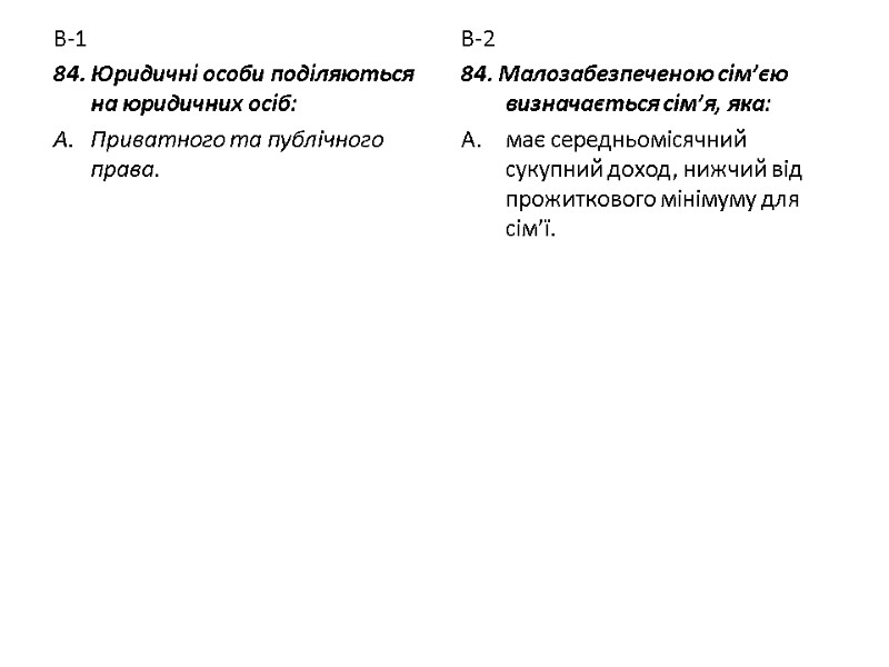 В-1 84. Юридичні особи поділяються на юридичних осіб: Приватного та публічного права. В-2 84.